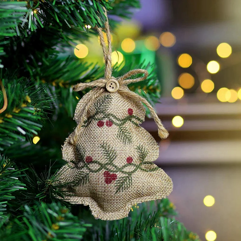 Rustic Ornamente pentru Pomul de Craciun Ciorap Decoratiuni Pânză groasă de sac Țară Ciorap de Crăciun Minge Pom de Clopot cu Roșu și Verde Holly L