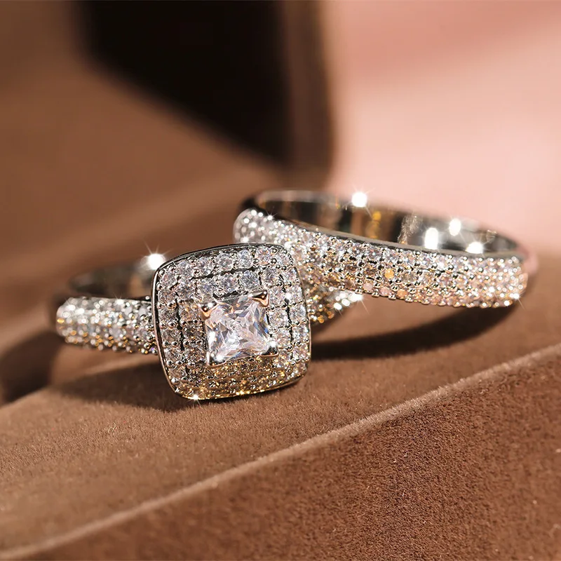 2 Carate Diamant Bijuterii 18K Inel de Aur pentru Femei Barbati Mireasa Set Bizuteria Nunta Anillos De cu Perna Zirconia Inel de Piatră prețioasă
