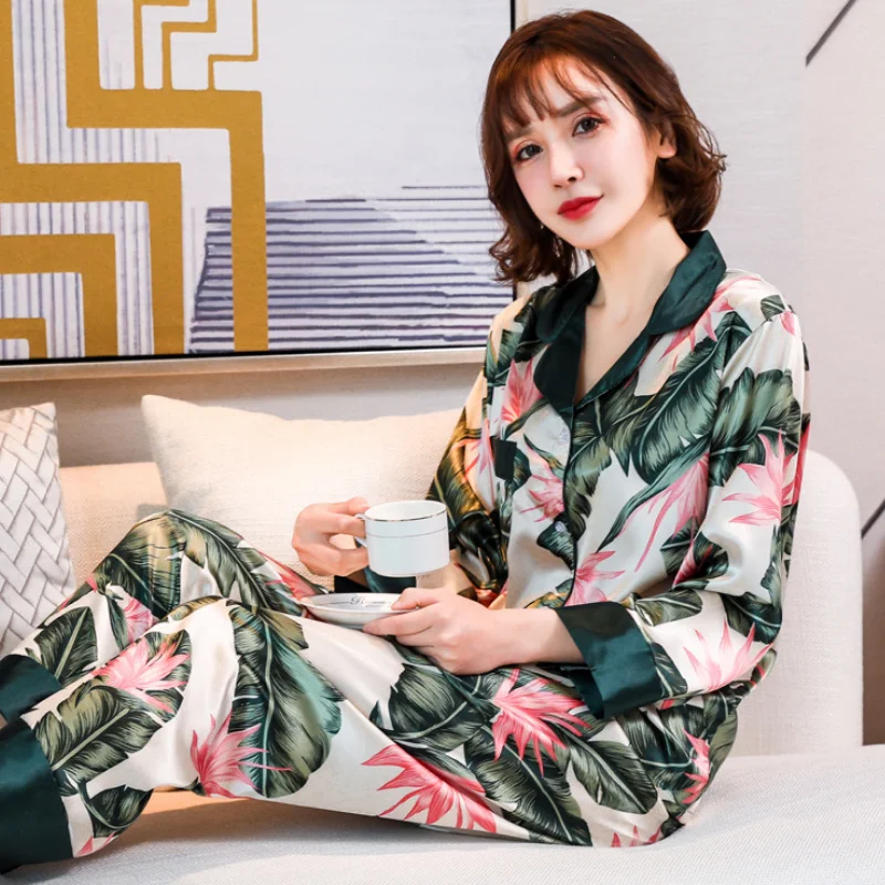 2020 Femei Faux Mătase Seturi de Pijama Pijama Satin flori Pijamale cu Maneca Lunga Moda Pijamale Pijamale Noi