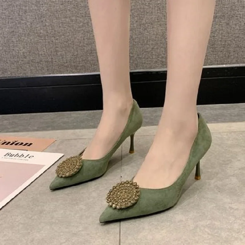 2020 primăvara și toamna noi doamnelor casual tocuri inalte sexy sălbatice confortabil metal decor a subliniat deget de la picior subțire pantofi pentru femei black