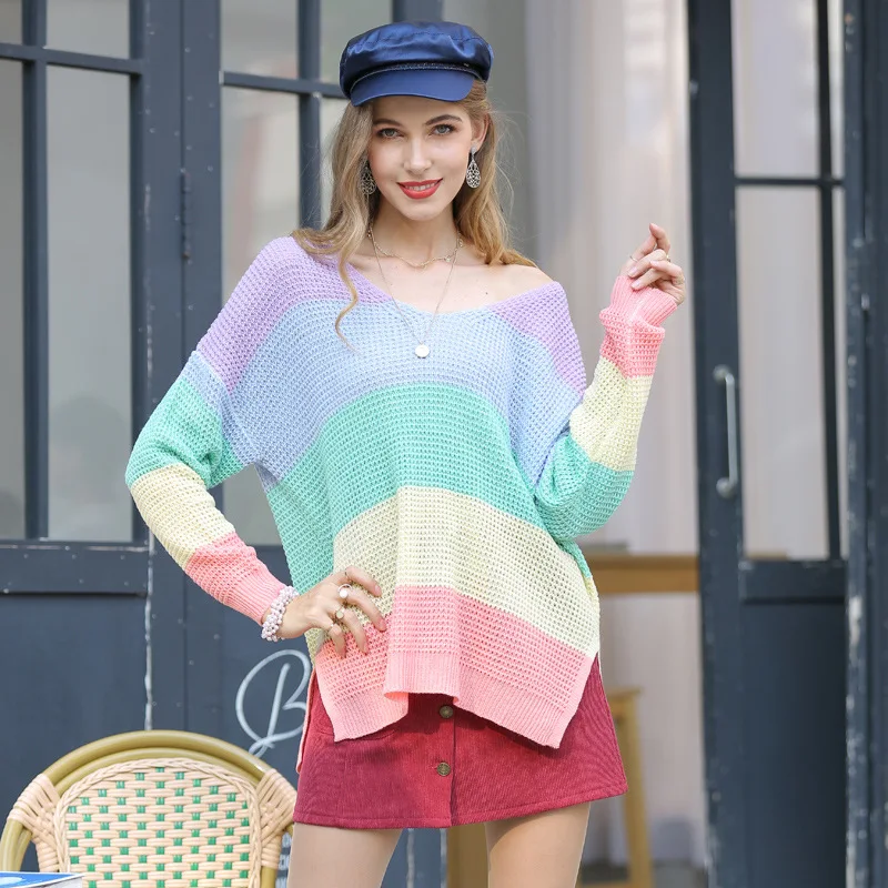 2020 Toamna Femei Nou Pulover Supradimensionat Rainbow Stripe Cauzalitate Temperament Naveta Pulover de Îmbrăcăminte