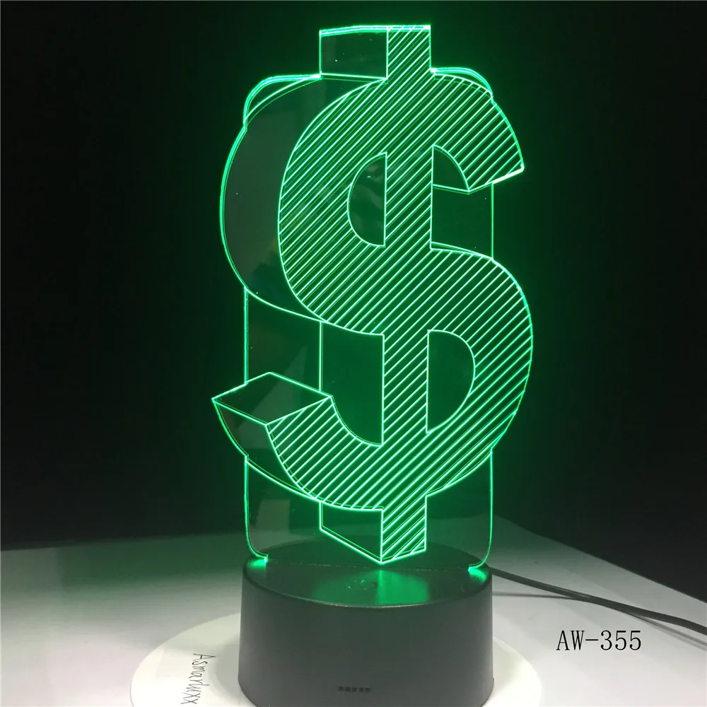 3D-355 3D Led Lampă de Dolarul SUA Simbol Lumini de Noapte 7 Colorat USB Lampa de Birou Decor pentru Camera Copii Copil Cadou de Lavă Bec