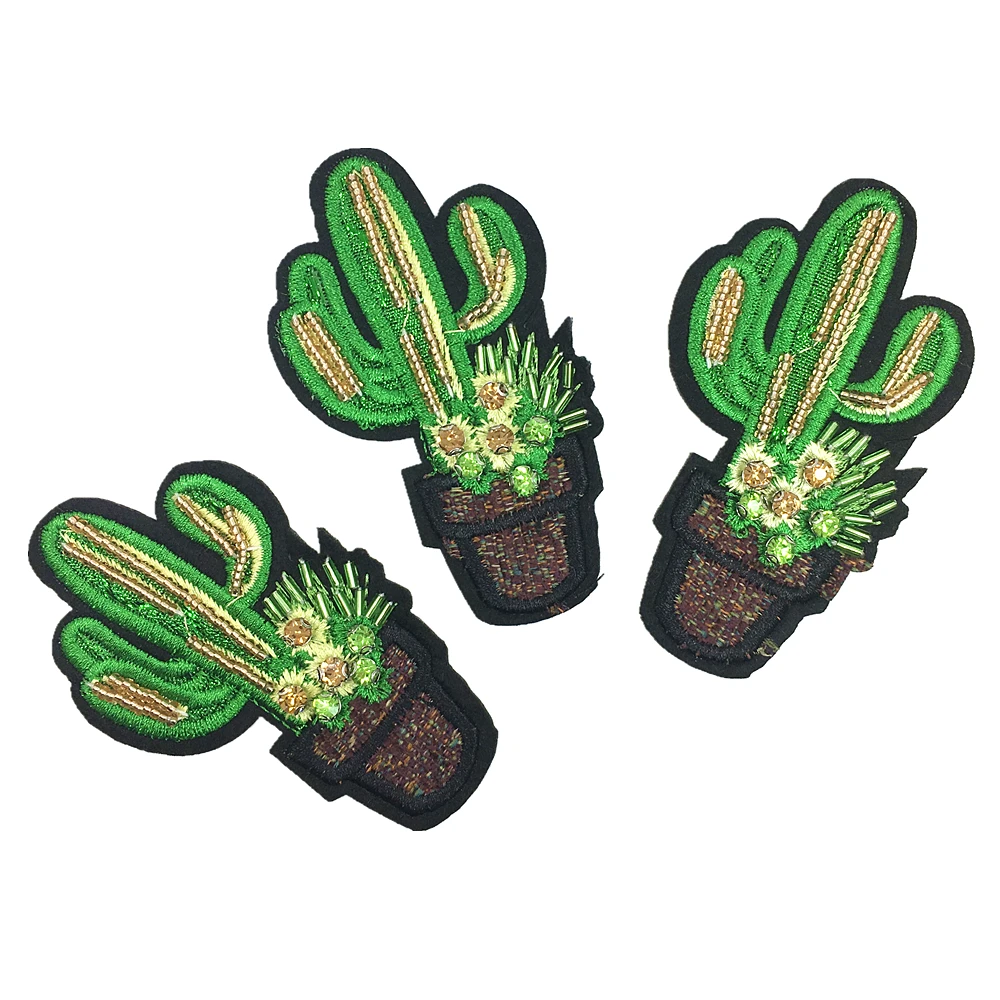 4 Coase Pe Cactus Sequin Patch Aplicatiile de Flori cu Margele de Plante Patch-uri Pentru Îmbrăcăminte, Pantofi Aplici Parches DIY 9x5cm AC1126-B