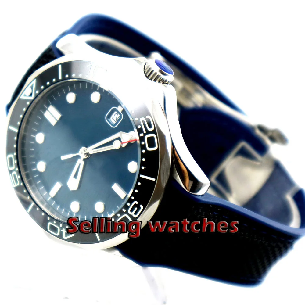 41mm bliger Albastru steril cadran Luminos negru bezel ceramica de Sticlă de Safir Automată Ceasuri de mana data Mecanice mens watch