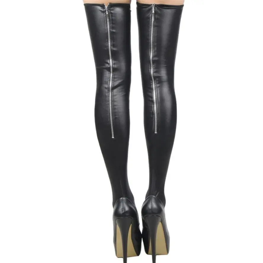85cm Coapse Noua Lenjerie Sexy Lady Negru Faux din Piele cu Fermoar Ciorapi Șosete Lungi Clubwear Uniforme Fetish Erotic Furtun