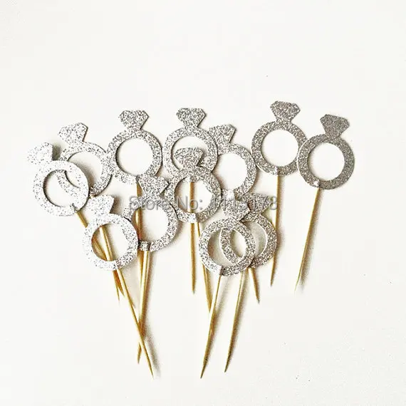 Argint inel cu diamant Sclipici Cupcake Toppers cabină de Duș de Mireasă Cupcake toppers, Nunta Cupcake toppers nunta Logodna