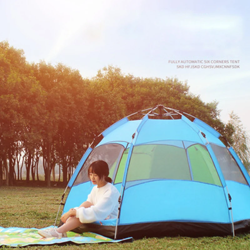 Automată multi-persoană dublu-strat de 5-8 persoane hexagonale cort camping în aer liber camping cort de ploaie