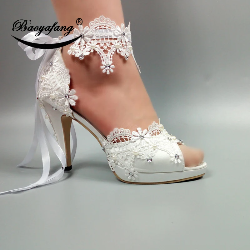 BaoYaFang alb Dantela Femei weddding pantofi Peep Toe Dantela-Upcrystal rochie de petrecere pantofi de 10 cm toc subțire Pompe de Înaltă pantofi