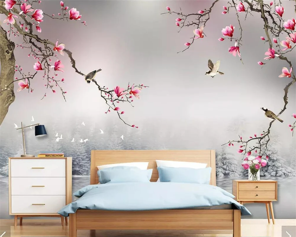 Beibehang Foto personalizate murală tapet de lux romantic noul stil Chinezesc frumoasa magnolie pasăre camera de zi dormitor perete