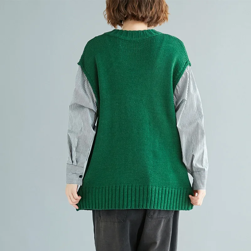 Casual femei, plus dimensiune fals două piese retro cald pulover femei cu dungi împletit vrac slăbire pulover nou toamnă produse