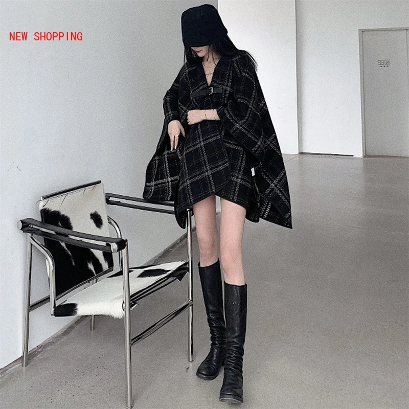 Chic Black Manta Carouri Supradimensionate Lână Strat De Amestec Femei Toamna Iarna 2020 Coreean Pierde V-Gât Mid-Lungime Cald Uza Streetwear