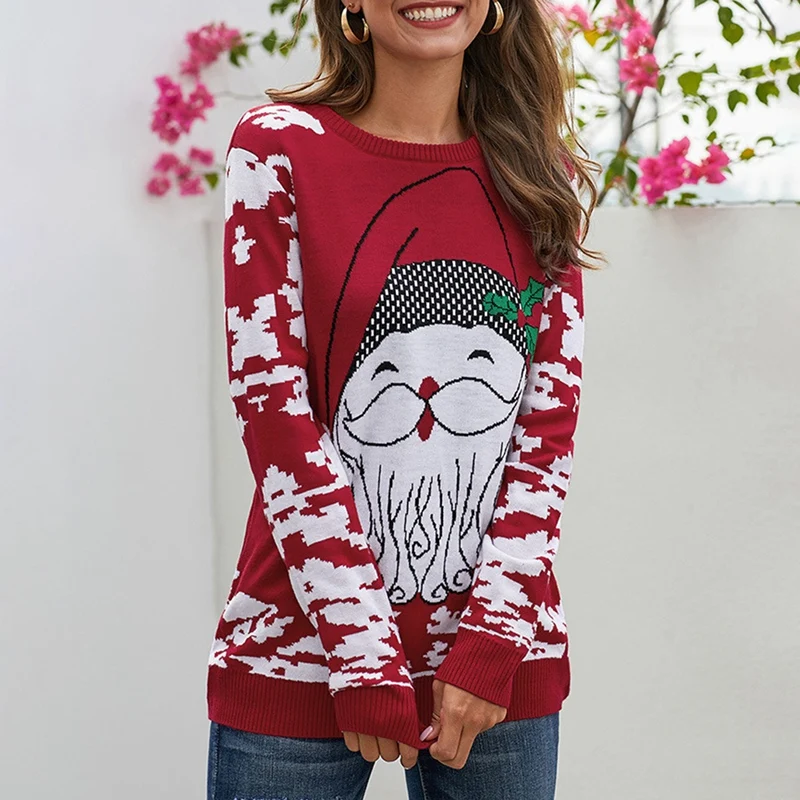 Crăciun Femei Pulover Moș Crăciun Xmas Imprimare Maneca Lunga O-Gât Crăciun Tricotat Pulover Pulover Topuri