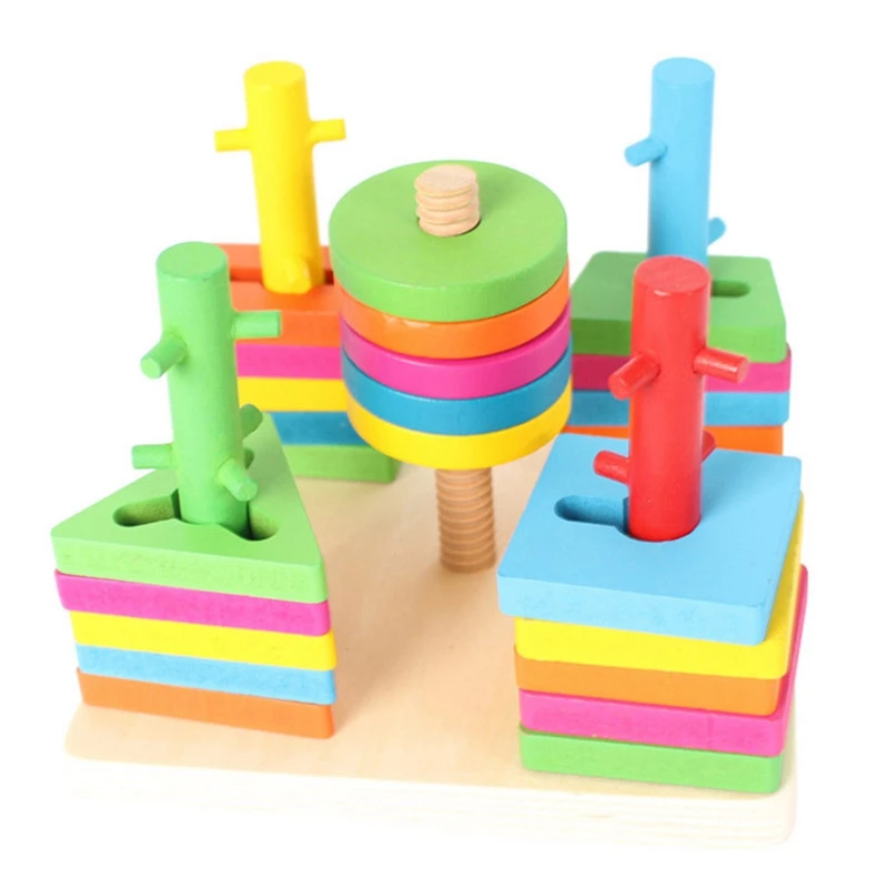 Din Lemn Forme Geometrice De Potrivire Cinci Coloane De Puzzle Blocuri Montessori Caramida Set De Jucării Pentru Copii De Educație Timpurie Jucarii