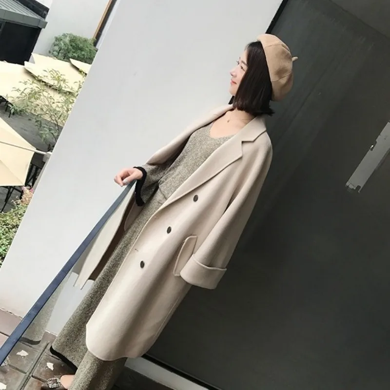 Elegant Bej Femei de Haină de Lână Toamna Iarna Dublu-cu care se Confruntă Cașmir Îmbrăcăminte exterioară OL Stil de Moda Unic Pieptul Liber Palton