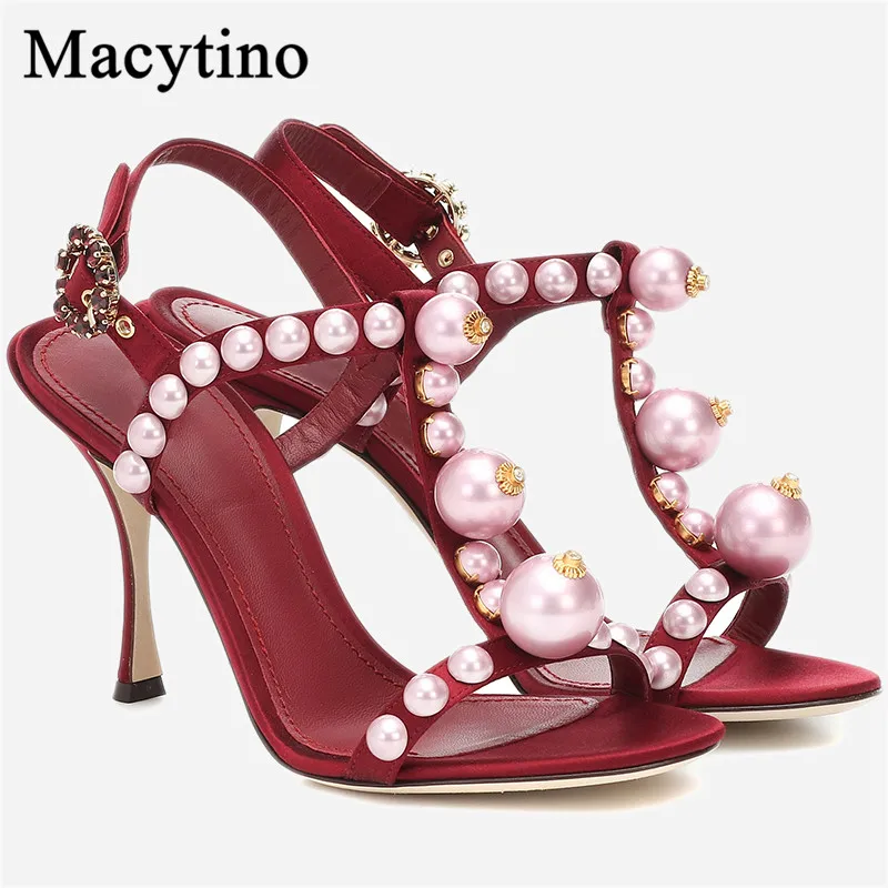 Elegant de Vin Roșu de Vară Formale Pantofi Perla Decor Petrecere Pantofi Femei T-curea pantofi Sandale Pantofi Doamnelor Tocuri inalte