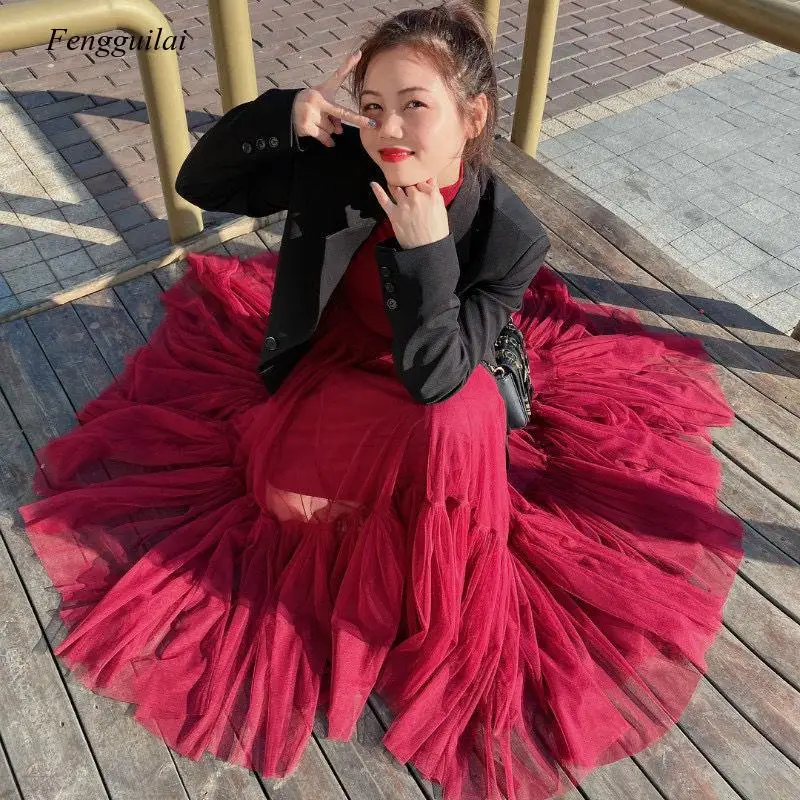 Femei Plisată Fusta Tul Negru Plasă De Talie Mare Maxi Fuste Lungi Faldas Mujer Moda 2020 Jupe Vintage, Fuste