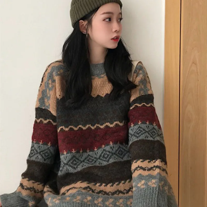 Femei Supradimensionat Stil Coreean Pulover Vintage Cu Dungi Toamna Iarna Vrac Trage Pulovere Tricotate Casual Topuri Femme Pulover Pulovere