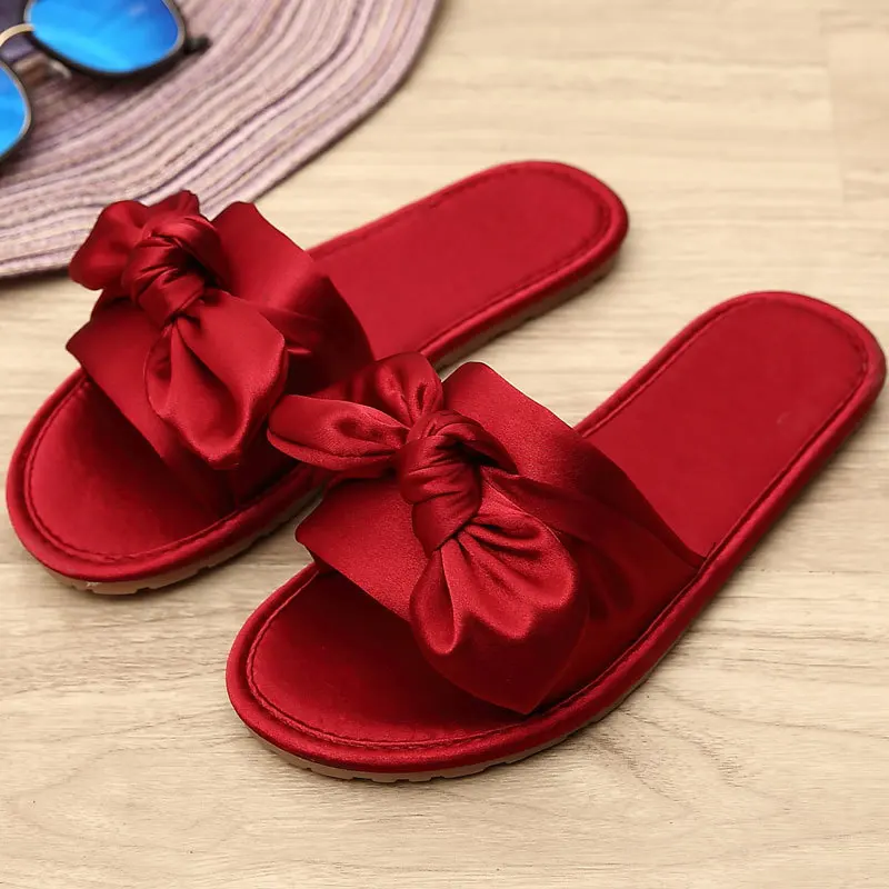 Femei Vara Papuci de casă Matase Satin Arc Mobilier Acasă Sandale Non-slip pentru Femei Mireasa Papuci de Femei Încălțăminte de Plajă Pantofi Plat