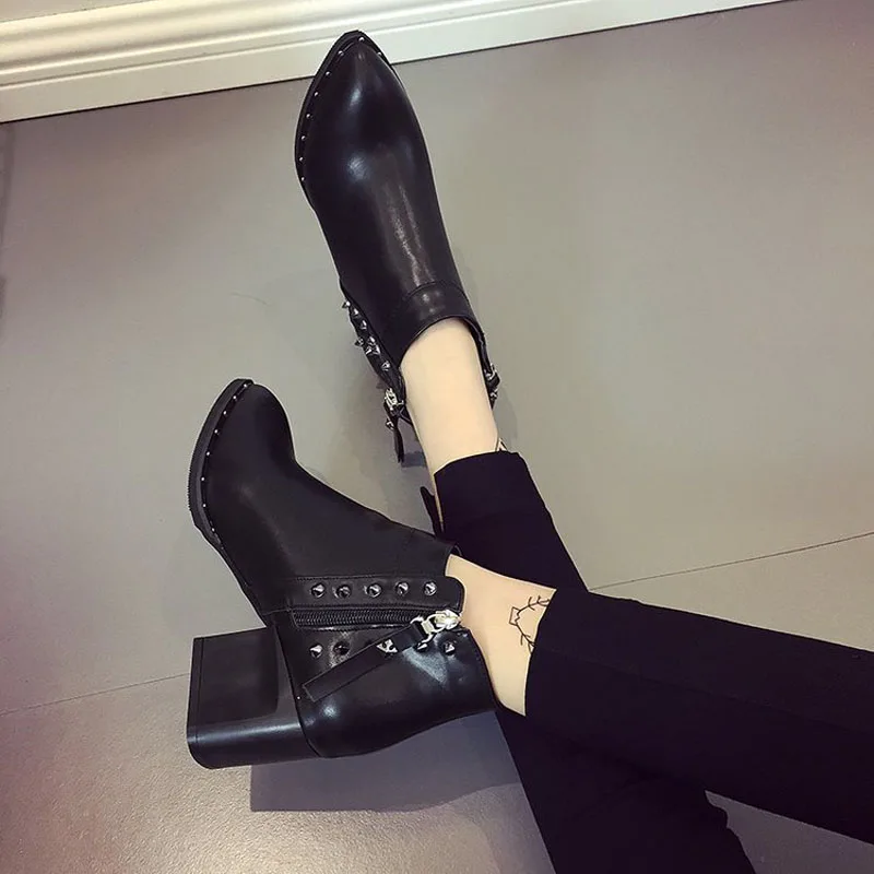 Fisdyrax Femei cizme de Iarna pentru Glezna cu Fermoar Tocuri inalte nit a Subliniat pantofi negri din Piele PU Toc Patrat Femeie Pantofi de Moda