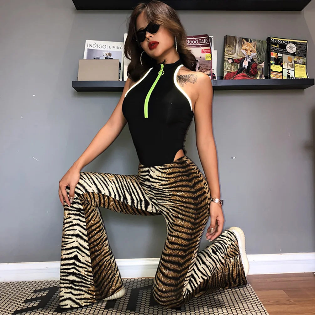 Focal20 Streetwear Leopard De Imprimare Tigru Femei Evazate Pantaloni De Moda De Mare Elastic Talie Doamnelor Jogger Vara Primavara Feminin Pantaloni