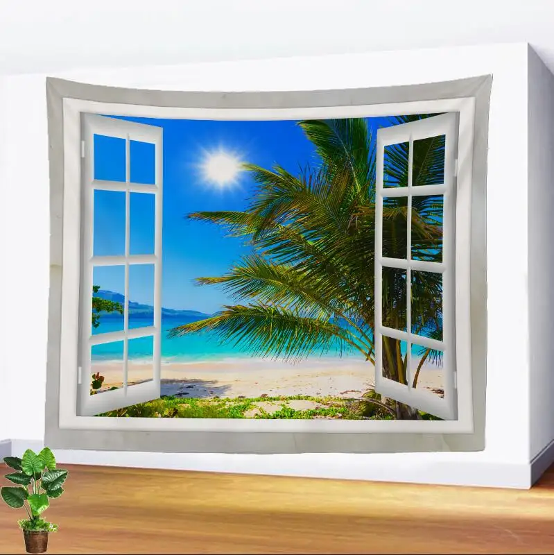 Frumos 3D Fereastra Peisajul Model de Goblen Art Agățat de Perete Covor Acasă Decorare Dormitor Prosop de Plajă