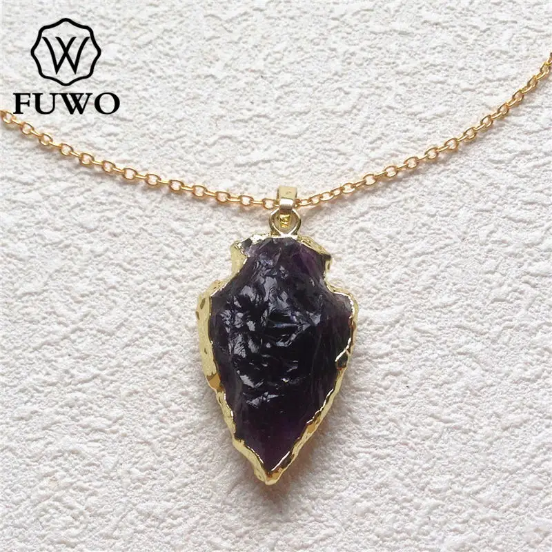 FUWO Mână-Knapped Ametist Arrowhead Colier Cu Aur de 24K Umplut Reale Prime Violet de Cuarț Piatră Colier Boem NC054