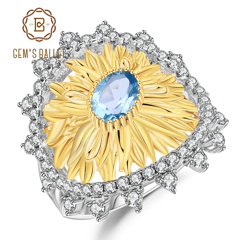 GEM de BALET Delicat Argint 925 lucrat Manual Inel pentru Femei 1.00 Ct Elvețiană Naturale Topaz Albastru de Floarea-soarelui Inele Bijoux