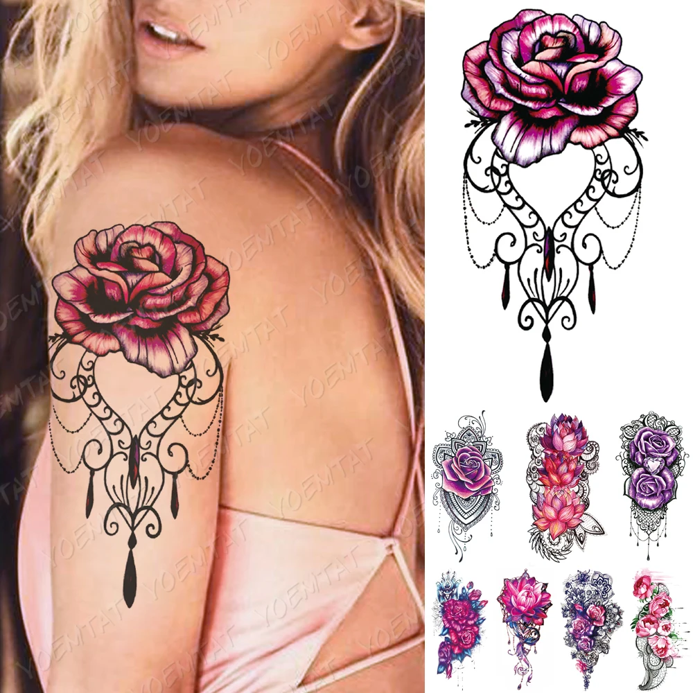 Impermeabil Tatuaj Temporar Autocolant Roz Purpuriu Trandafir De Lotus, Bujor Tatuaje Dantelă Flori Body Art Brațul Fals Maneci Tatuaj Femei Bărbați