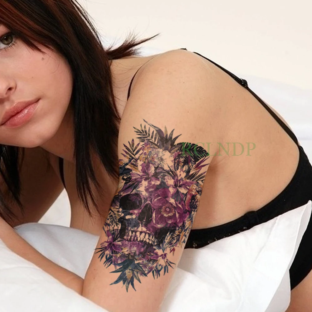 Impermeabil Tatuaj Temporar Sticker craniu violet moartea flori tatuaj autocolante flash tatuaj tatuaje false pentru barbati fata de femei