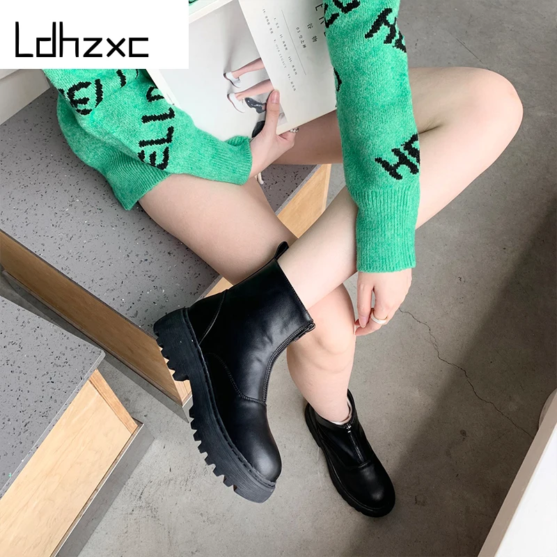 LDHZXC 2020 Frontal Negru cu Fermoar pentru Femei Cizme Glezna cu toc Stil de Moda de Toamna si iarna Cizme cu Platforma Doamnelor Pantofi Indesata
