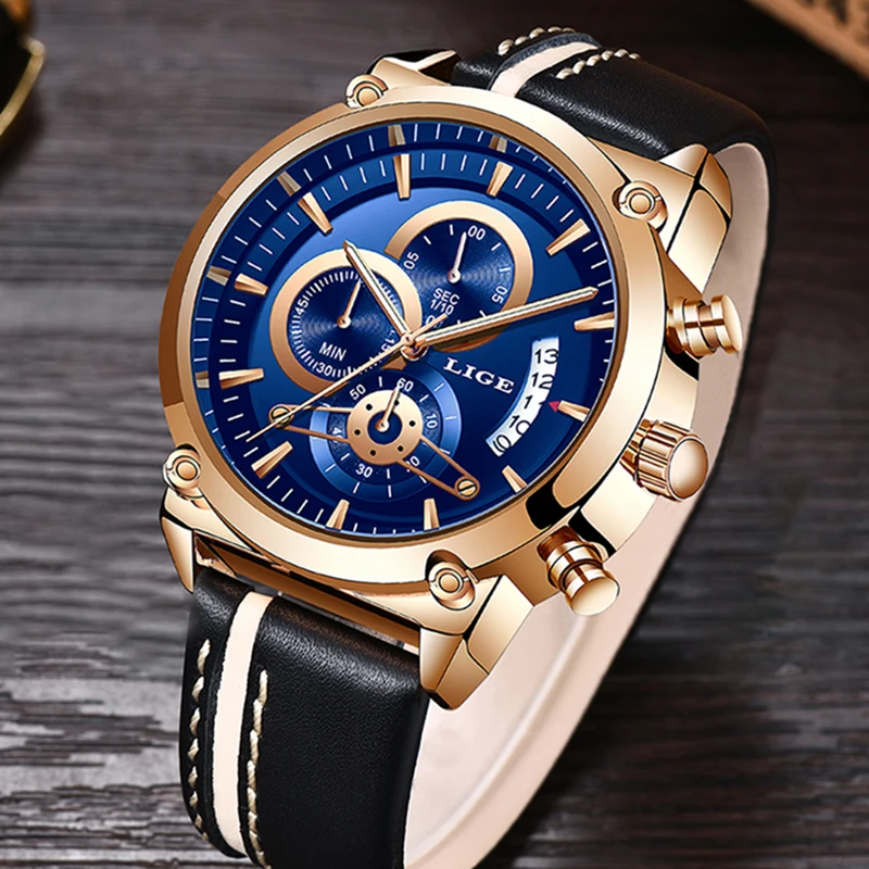 LIGE Bărbați Cuarț Ceas Sport Cu Albastru Curea Piele rezistent la apa Analog Cronograf Ceasuri Militare Omul Ceas Horloges Mannen