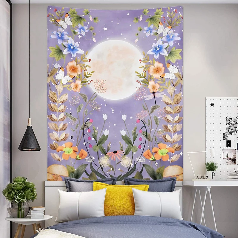 Lună Grădină Tapiserie, Luna Tapiserie Florale de Viță de vie Tapiserie Flori Tapiserie de Perete pentru Camera (51.2 x 59.1 Inch)