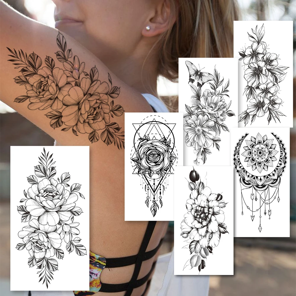 Mare Daisy Fals Tatuaje Temporare Pentru Femei Geometrice Bujor Fluture Tatuaj Mehndi Luna Bijuterii Prune Impermeabil Tatuaj Mână Coapsa