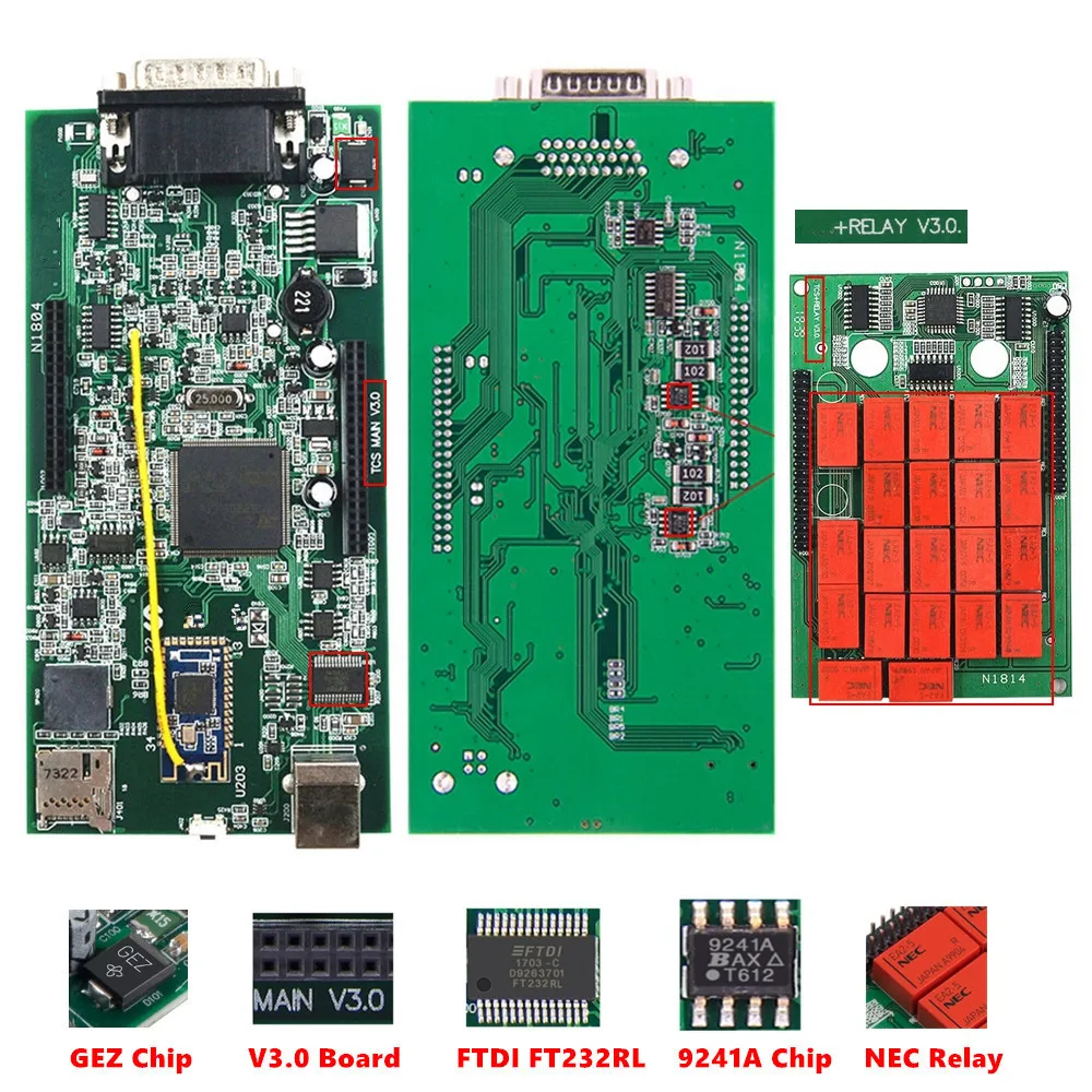 Multidiag Pro green double PCB bord cu Real 9241A Chip V3.0 instrument de Diagnosticare Bluetooth TCS PRO V2016.R1 NEC Releu Auto Scanner