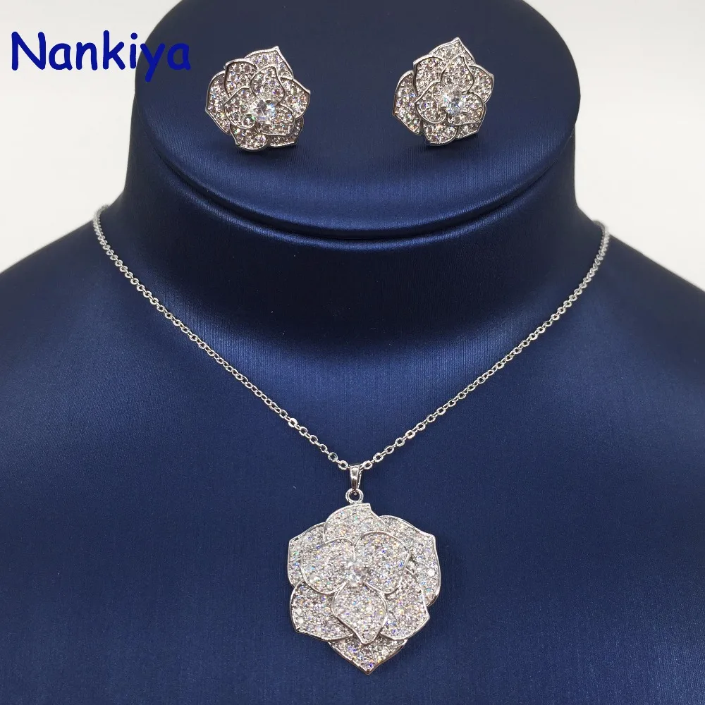 Nankiya de Lux Floare Trandafir Formă de Nunta Set de Bijuterii Spumante de Calitate de Top de Zirconiu Cristal Colier Cercei Set 2 buc Dragoste NC625