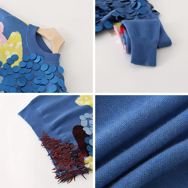 O-gât mozaic lucrate manual, paiete Albastru pulover femei pe scurt mânecă lungă Pulover tricotate Modis topuri largi 2020 toamna new sosire