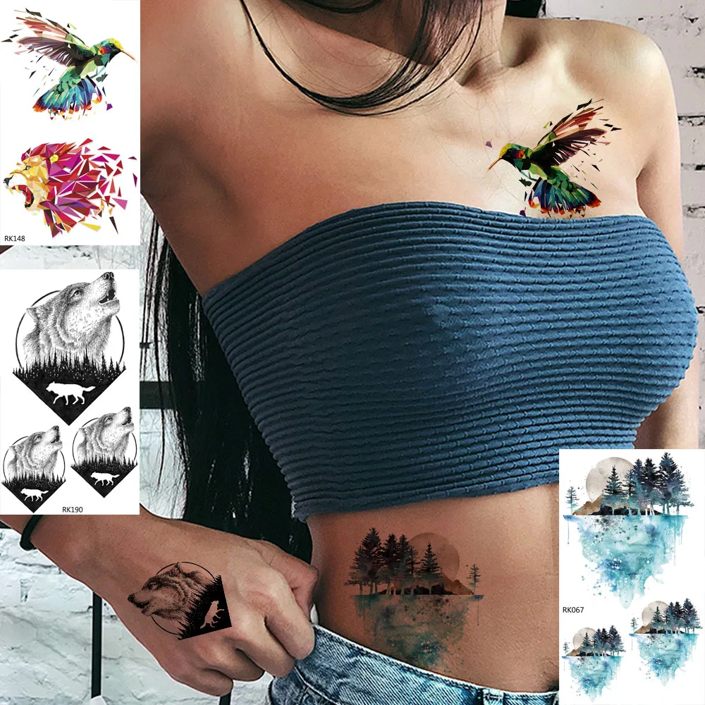 OMMGO Geometrice 3D Colibri Leu Tatuaj Temporar Autocolant Femei Bărbați Tatuaje False Urla Lupul de Pădure Personalizate Tato Body Art Braț