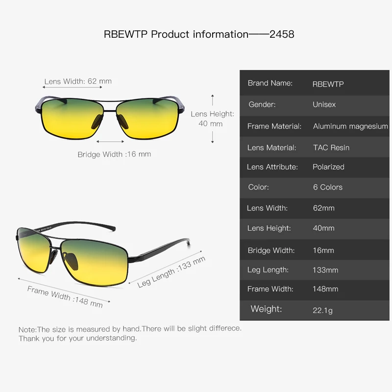 RBEWTP Aluminiu Magneziu Cadru Pătrat Polarizat ochelari de Soare Barbati Lentile de Conducere de Zi și de Noapte Viziune Ochelari de protecție Ochelari de Soare 2458