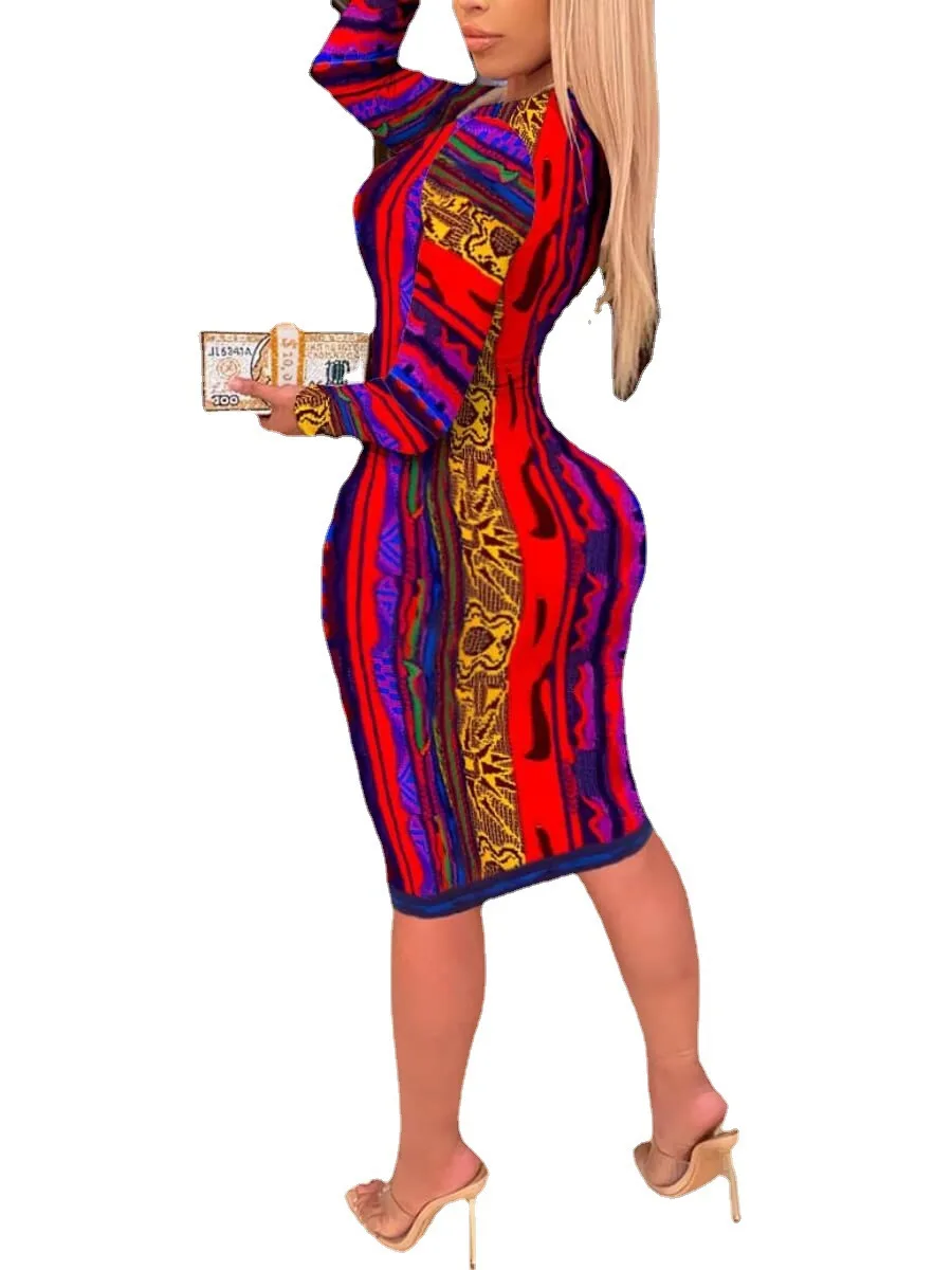 Rochie eleganta pentru Femei cu Maneca Lunga Sexy Adânc V-Gât Rochie Mini Bodycon Imprimare de Mare Talie Rochii de Epocă en-Gros de Dropshipping
