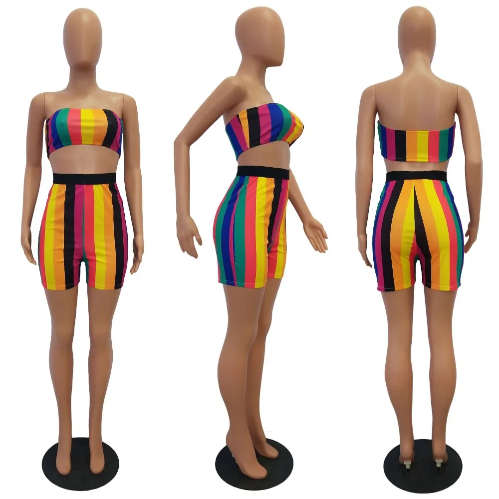 S-3XL Top Strapless Cu pantaloni Scurți Femei Vara Bomboane Curcubeu de Culori, cu Dungi de Imprimare Femei de Vară, Salopete, pantaloni Scurți, Costume