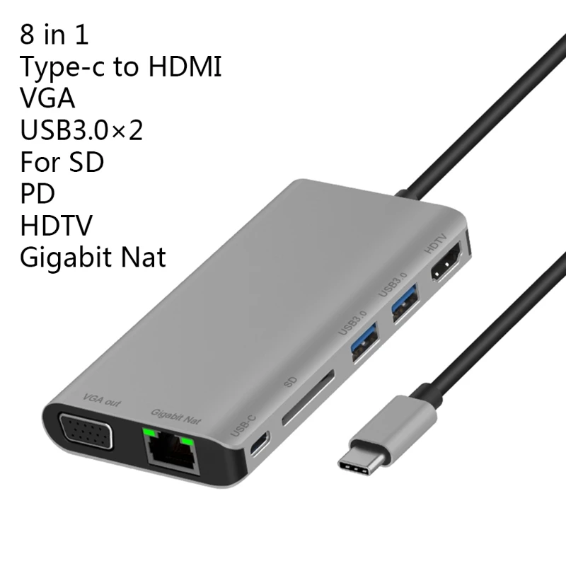 Tip C Multi-funcție Dock Station cu USB3.0x2/SDx1 Card+HDMI-compatibleVGA+JACK 3.5+RJ45+de Tip c(PD) port F3MA