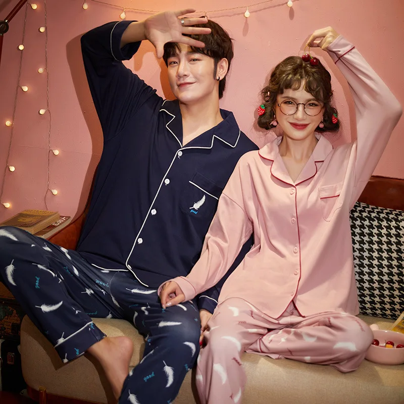 Toamna Iarna Tricotate De Bumbac Cuplu Set De Pijama Cu Maneci Lungi De Somn Topuri V Gât Pijamale Barbati Lounge Poarte Femeile Casual Homewear
