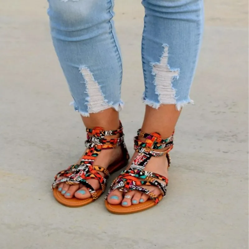 Vara Femei Sandale Plate Pană cap Rotund Bomboane de culoare de potrivire de Culoare curea Glezna Femeie pantofi