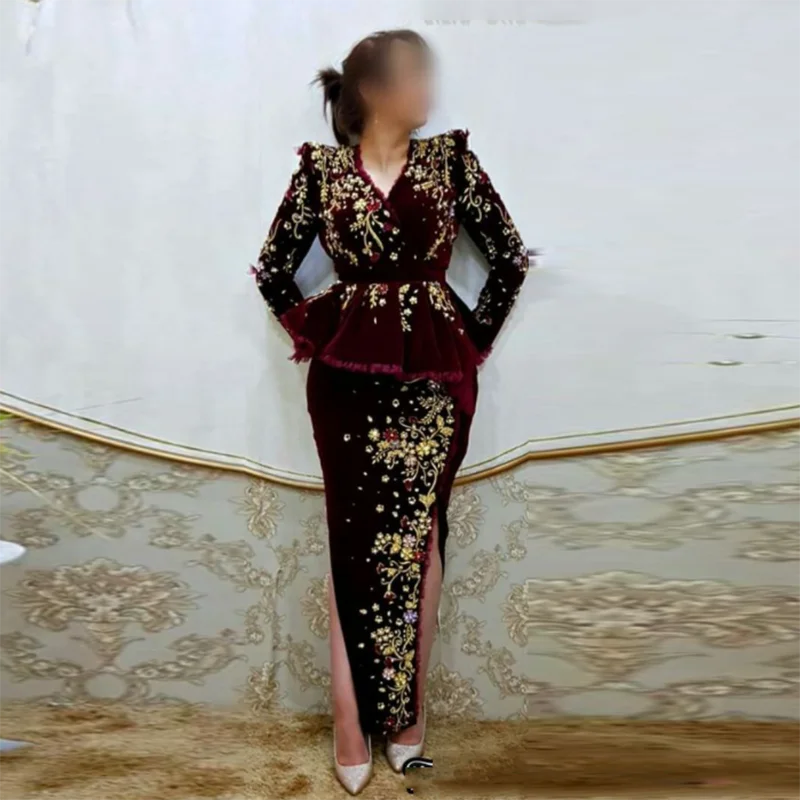 Velur Negru Marocan Caftan Rochii De Seara Brodate Cu Margele Arabă Musulmană Sirena Ocazie Speciala Formale Rochie De Bal Personalizate