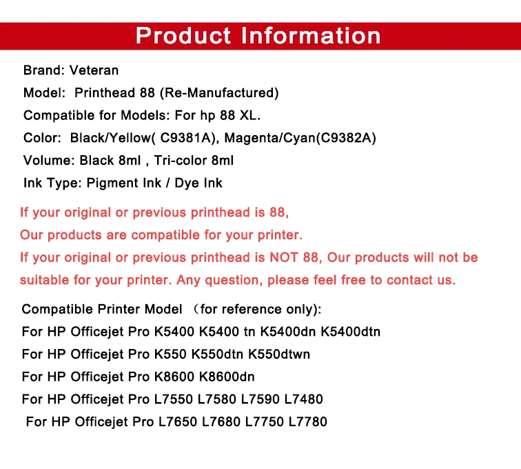 Veteran de capul de Imprimare pentru hp88 hp 88 Printhead C9381A C9382A pentru hp Officejet Pro K5400 K550 K8600 L7480 L7550 L7580 L7590 printer