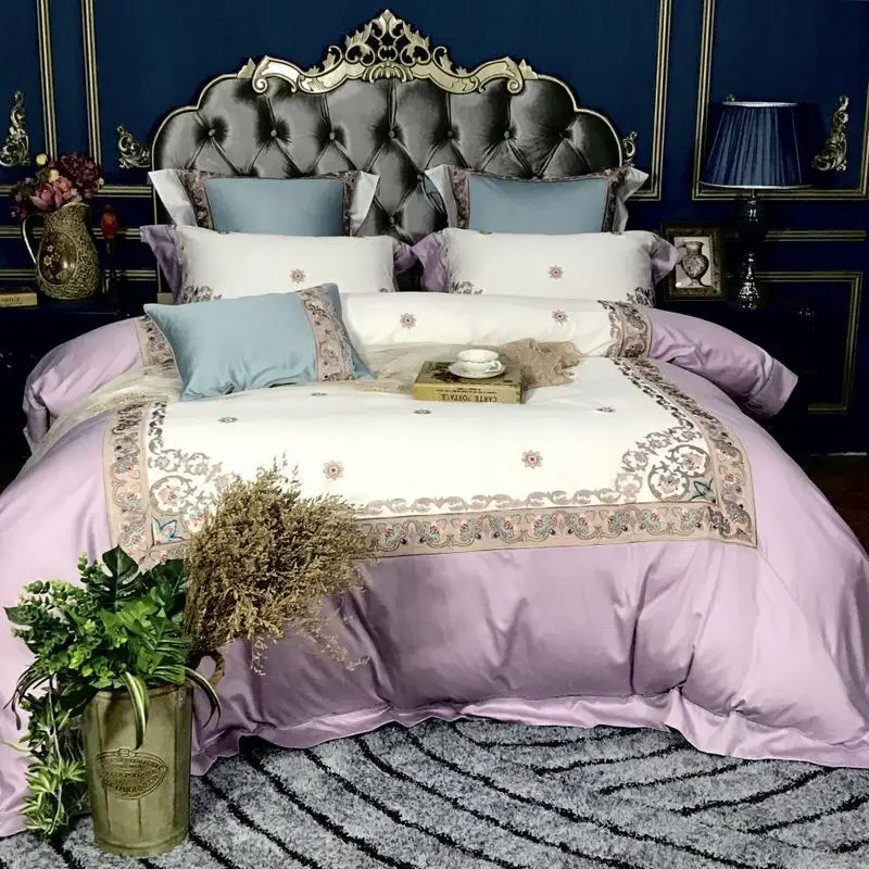 Violet Alb de Lux Set de lenjerie de Pat king pat queen-size set broderie din Bumbac Egiptean set Lenjerie de pat Duvet Cover juego ropa de cama