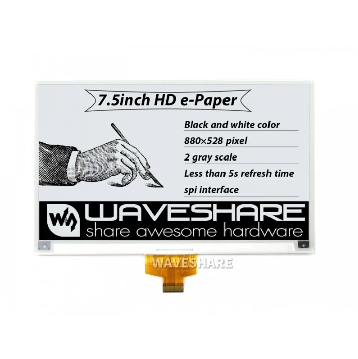 Waveshare 7.5 inch HD e-Hârtie E-Ink Prime de Afișare, 880*528, Negru / Alb, SPI, fără PCB