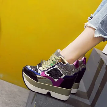 2018 Aur, Argint Femei Adidasi Casual, de Înaltă Calitate, Tocuri Pană de sex Feminin Bling Pantofi Creșterea Inaltime 13cm Platforma Vulcaniza Pantofi