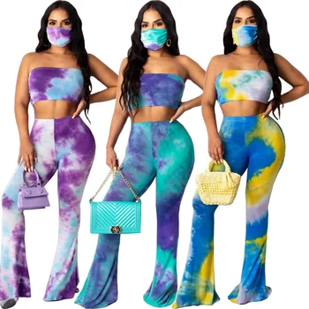 2020 Vara Fierbinte Stil Tie-Dye Tipărite Două Seturi De Piese Pentru Femei Strapless Fără Mâneci Topuri De Cultură De Talie Mare Bodycon Evazate Pantaloni Set