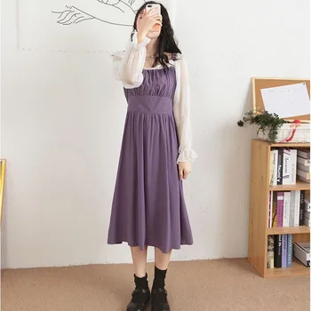 Femei Lungă Puff Maneca Rochie Mozaic Drapat Pătrat Guler Elegant Dulce Talie Mare Stil Japonez, Moda Chic de la Jumătatea vițel Nou